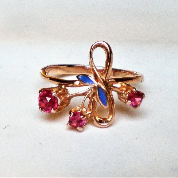 Vintage Russian Russia 14K 583 Rose Pink Gold Ruby Cluster Enamel Flower Ring - Picture 2 of 7